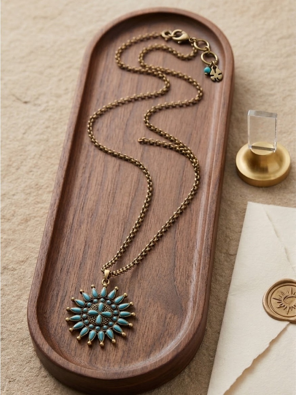 Lucky Brand Faux Turquoise Gold Tone Pendant Necklace Boho Southwestern 34” 3142